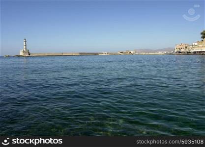 venetian port with lighthouse of Chania, greek island of crete