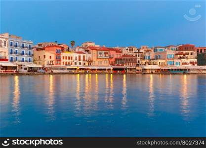 Venetian quay of Chania during twilight blue hour, Crete, Greece