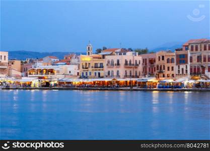 Venetian quay of Chania during twilight blue hour, Crete, Greece