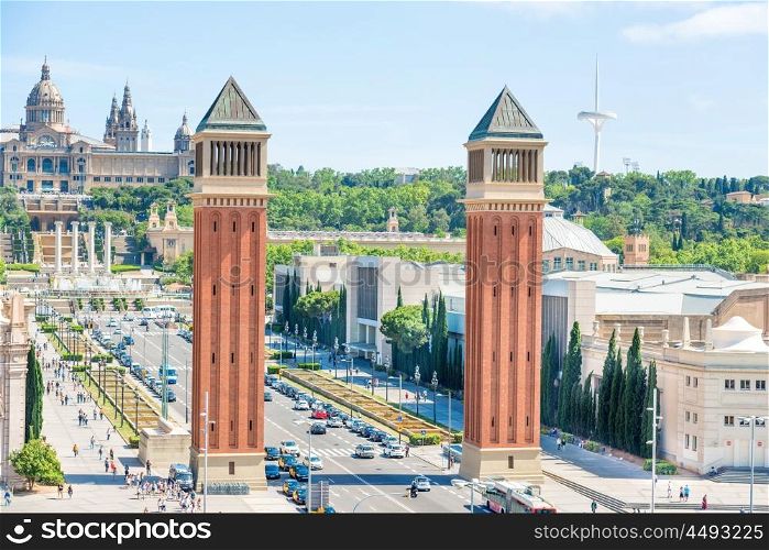 Venetian Towers at Espanya square in Barcelona, Catalonia, Spain
