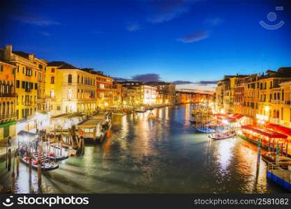 Venice at night time as seen from Rialto bridge