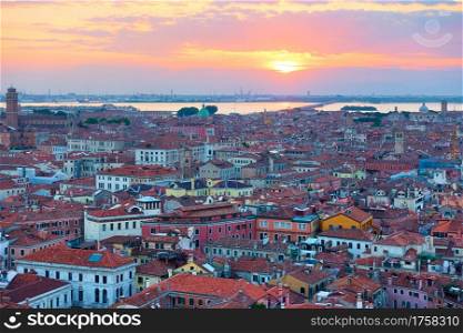 Venice at sunset, Italy. Scenic view from above, panorama of the city