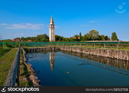 "Venice Burano Mazorbo vineyard with "campanile " belltower of Saint Caterina on the background"