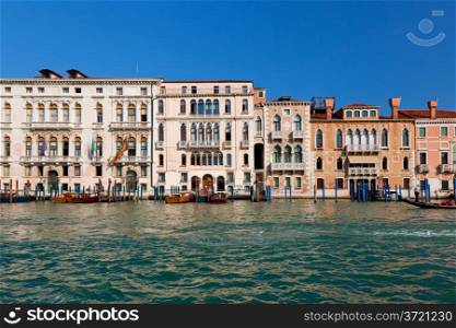 Venice Grand Canal, Italian Canal Grande at sunny summer day. Old Venetian architecture, boats