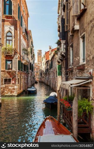 Venice, Italy, Grand Canal and historic tenements. Beautiful view of Grand Canal and old medival buildings.. Venice canal scene in Italy