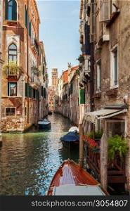 Venice, Italy, Grand Canal and historic tenements. Beautiful view of Grand Canal and old medival buildings.. Venice canal scene in Italy