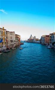 "Venice Italy grand canal view from the top of Accademia bridge with "Madonna della Salute" church on background"