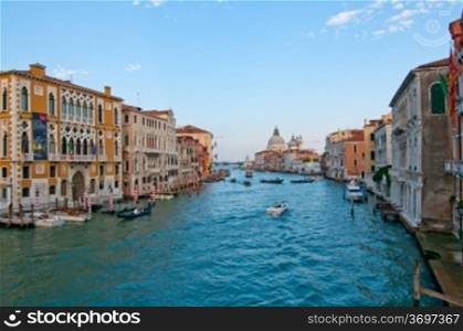 "Venice Italy grand canal view from the top of Accademia bridge with "Madonna della Salute" church on background"