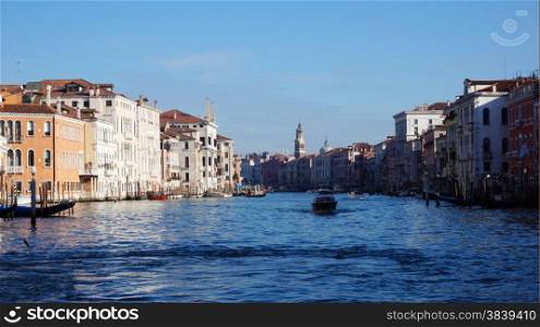 VENICE, ITALY - JAN 26: Motorboat is sailing on Grand Canal in Venice, Italy on January 26, 2015 . Motorboat is one of the most important transportation mode in Venice.