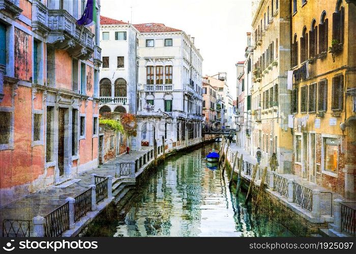 Venice, Italy. Romantic venetian canals with narrow streets. Artistic picture in retro painting style