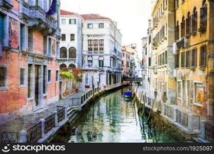 Venice, Italy. Romantic venetian canals with narrow streets. Artistic picture in retro painting style