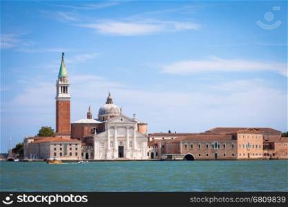 Venice, Italy. View from Riva degli Schiavoni of San Giorgio Maggiore Isle during a sunny day with blue sky