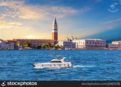 Venice Lagoon with a boat and famous places of interest, Italy.
