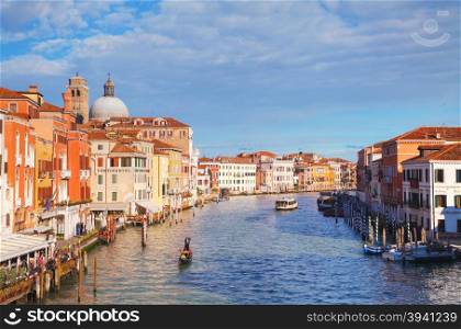 VENICE - NOVEMBER 22: Overview of Grand Canal on November 22, 2015 in Venice, Italy. It forms one of the major water-traffic corridors in the city.
