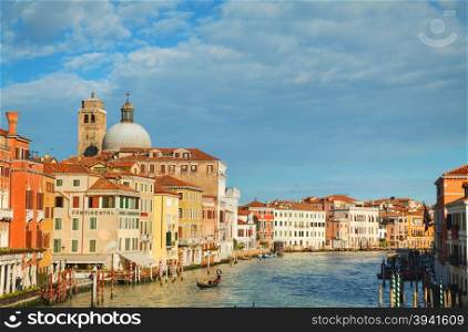 VENICE - NOVEMBER 22: Overview of Grand Canal on November 22, 2015 in Venice, Italy. It forms one of the major water-traffic corridors in the city.
