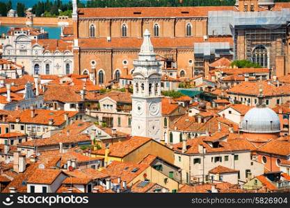 Venice roofs from above. Aerial view of houses, sea and palaces from San Marco tower