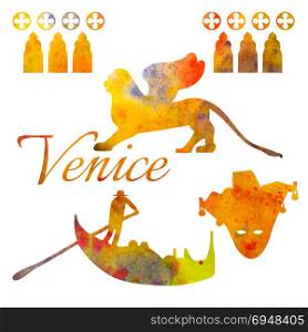 Venice. Set of watercolor objects. Gondola, lion, mask. . Venice. Set of watercolor objects. Gondola, lion, mask For postcards decoration