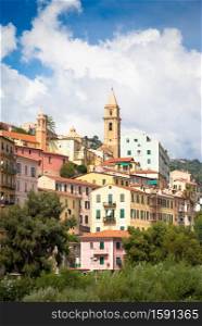 VENTIMIGLIA, ITALY - CIRCA AUGUST 2020  panarama of Ventimiglia old village in Liguria Region, sunny day with blue sky