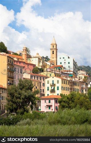 VENTIMIGLIA, ITALY - CIRCA AUGUST 2020: panarama of Ventimiglia old village in Liguria Region, sunny day with blue sky