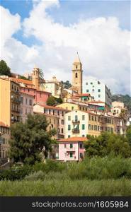 VENTIMIGLIA, ITALY - CIRCA AUGUST 2020  panarama of Ventimiglia old village in Liguria Region, sunny day with blue sky