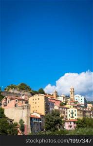 VENTIMIGLIA, ITALY - CIRCA AUGUST 2020: panarama of Ventimiglia old village in Liguria Region, sunny day with blue sky
