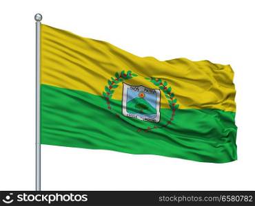 Vergara City Flag On Flagpole, Country Colombia, Cundinamarca Department, Isolated On White Background. Vergara City Flag On Flagpole, Colombia, Cundinamarca Department, Isolated On White Background