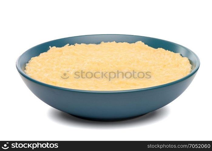 Vermicelli desert on a blue ceramic plate isolated on white background.