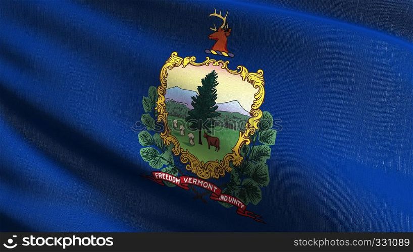 Vermont state flag in The United States of America, USA, blowing in the wind isolated. Official patriotic abstract design. 3D rendering illustration of waving sign symbol.