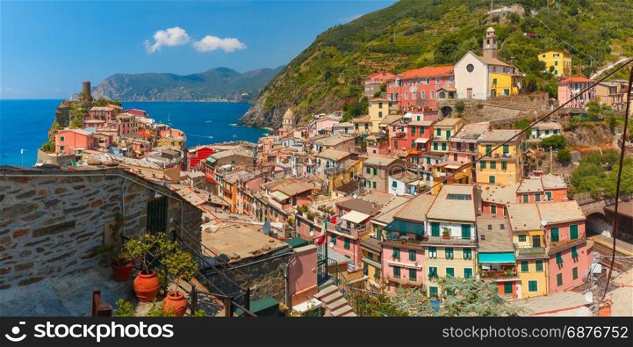 Vernazza, Cinque Terre, Liguria, Italy. Panoramic aerial view of Vernazza fishing village in Five lands and Mediterranean Sea, Cinque Terre National Park, Liguria, Italy.
