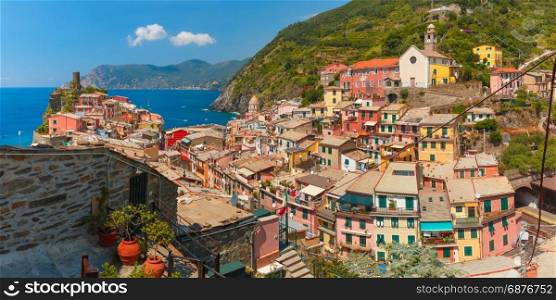 Vernazza, Cinque Terre, Liguria, Italy. Panoramic aerial view of Vernazza fishing village in Five lands and Mediterranean Sea, Cinque Terre National Park, Liguria, Italy.