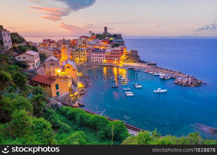 Vernazza, Colorful cityscape on the mountains over Mediterranean sea in Cinque Terre Italy Europe