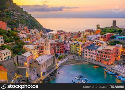 Vernazza, Colorful cityscape on the mountains over Mediterranean sea in Cinque Terre Italy Europe