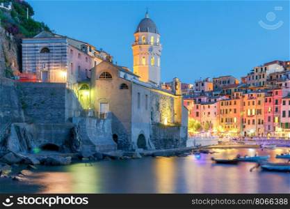 Vernazza. The old harbor at night.. The medieval fishing village with traditional Italian colorful houses Vernazza. Cinque Terre National Park. Liguria. Italy.