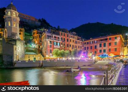 Vernazza. The old harbor at night.. The medieval fishing village with traditional Italian colorful houses Vernazza. Cinque Terre National Park. Liguria. Italy.