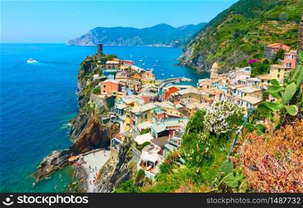 Vernazza town on the cliff by the sea in Cinque Terre, Italy - Italian landscape