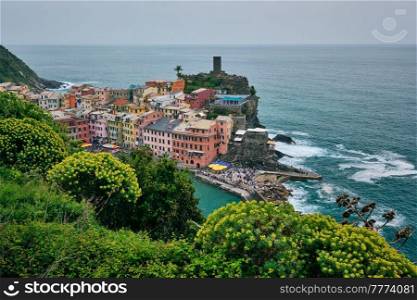 Vernazza village popular tourist destination in Cinque Terre National Park a UNESCO World Heritage Site, Liguria, Italy view from Azure trail. Vernazza village, Cinque Terre, Liguria, Italy