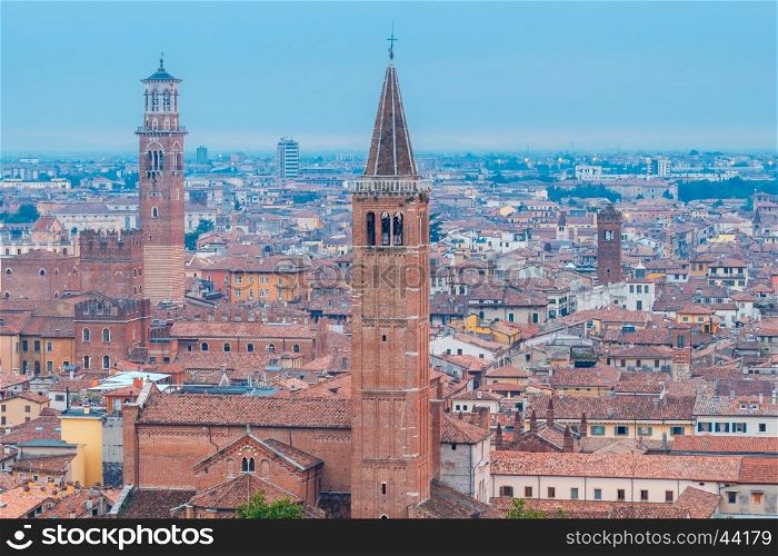 Verona. Aerial view of the city.. View of Verona from the top of the hill of St. Peter on the Sunset.