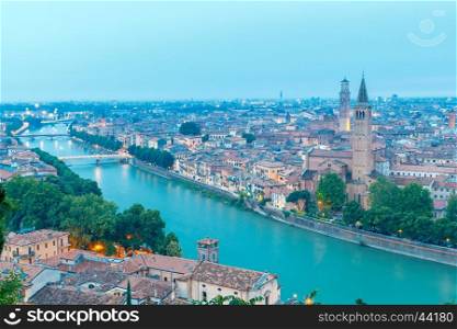 Verona. Aerial view of the city.. View of Verona from the top of the hill of St. Peter on the Sunset.