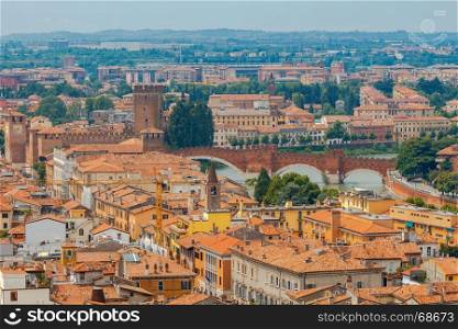 Verona. Aerial view of the city.. View of Verona with Lamberti tower height.