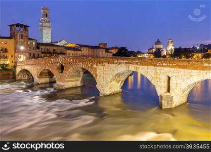 Verona, Italy - May 25, 2015: View of the bridge of St. Peter from the observation deck of the castle of St. Peter on the Sunset.