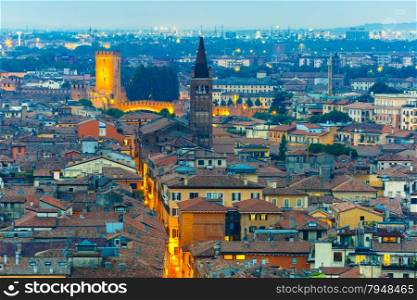 Verona skyline with Castelvecchio at night, view from Piazzale Castel San Pietro, Italy
