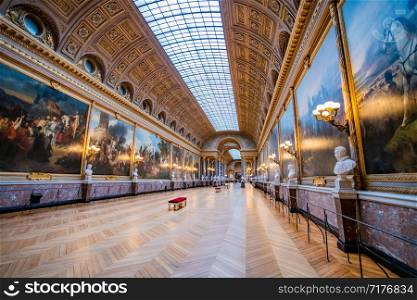 VERSAILLES, FRANCE - February 14, 2018 :The Battle Gallery in the southern wing of Palace of Versailles, the residence of the sun king Louis XIV
