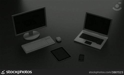 Verschiedene GerSte: PC, Notebook, Handy, Ipad stehen bzw. liegen im Dunkeln und es geht eins nach dem anderen an in blauer Bildschirmfarbe.