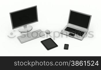 Verschiedene GerSte: PC, Notebook, Handy, Ipad stehen bzw. liegen auf wei?en Hintergrund und es geht eines nach dem anderen an in blauer Bildschirmfarbe.