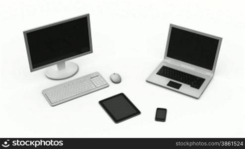 Verschiedene GerSte: PC, Notebook, Handy, Ipad stehen bzw. liegen auf wei?en Hintergrund und es geht eines nach dem anderen an in blauer Bildschirmfarbe.
