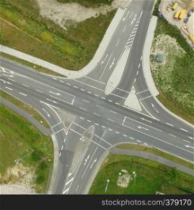 Vertical aerial photograph of an empty intersection