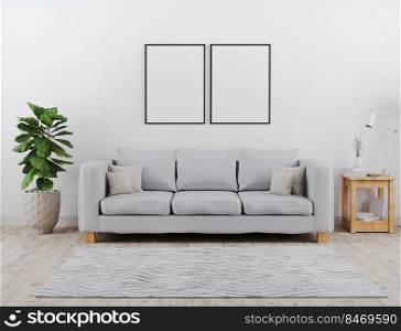 Vertical black poster frame mock up. Modern living room with grey sofa mockup. scandinavian style, cozy and stylish interior background. 3d rendering