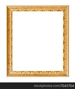 vertical carved golden wooden picture frame with cut out canvas isolated on white background