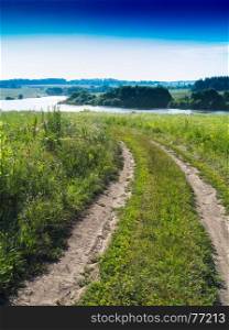 Vertical classic Russian road to river landscape background