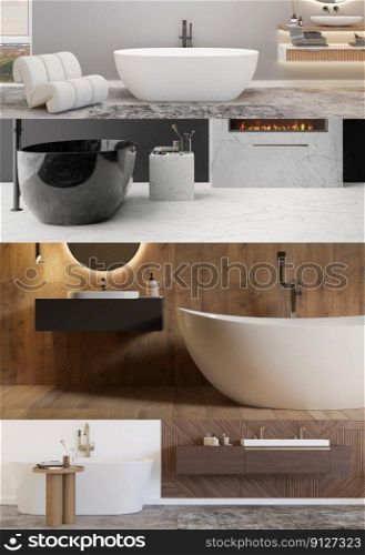 Vertical collage with beautiful and modern bathrooms. Home or hotel interiors in contemporary style. Luxury bathrooms. Interior design project. Bathtub, washbasin, sanitary wares. 3D rendering. Vertical collage with beautiful and modern bathrooms. Home or hotel interiors in contemporary style. Luxury bathrooms. Interior design project. Bathtub, washbasin, sanitary wares. 3D rendering.